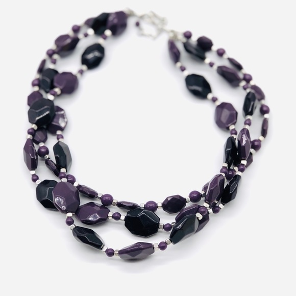 Triple Stranded Purple Beaded Sleek Necklace - Picture 6 of 8